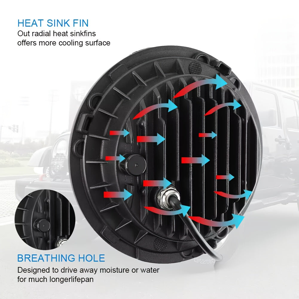 17.78cm LED Headlight Bulbs with H4 Halo Angle Eyes for Motorcycles Off-Road Weatherproof 12V 24V