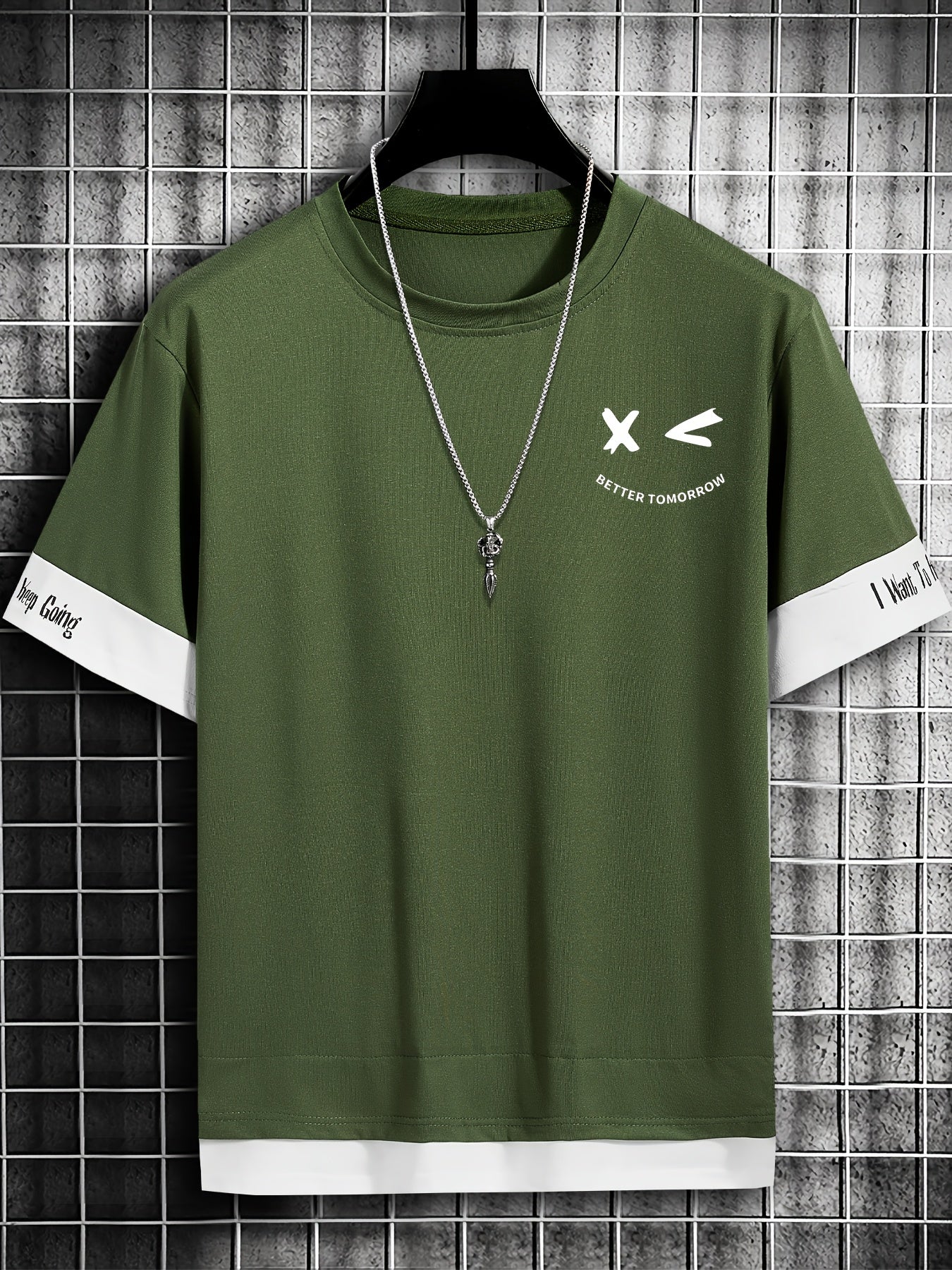 Men's Color-Blocked Short Sleeve T-Shirt with Letter Print Faux Two-Piece Summer Casual