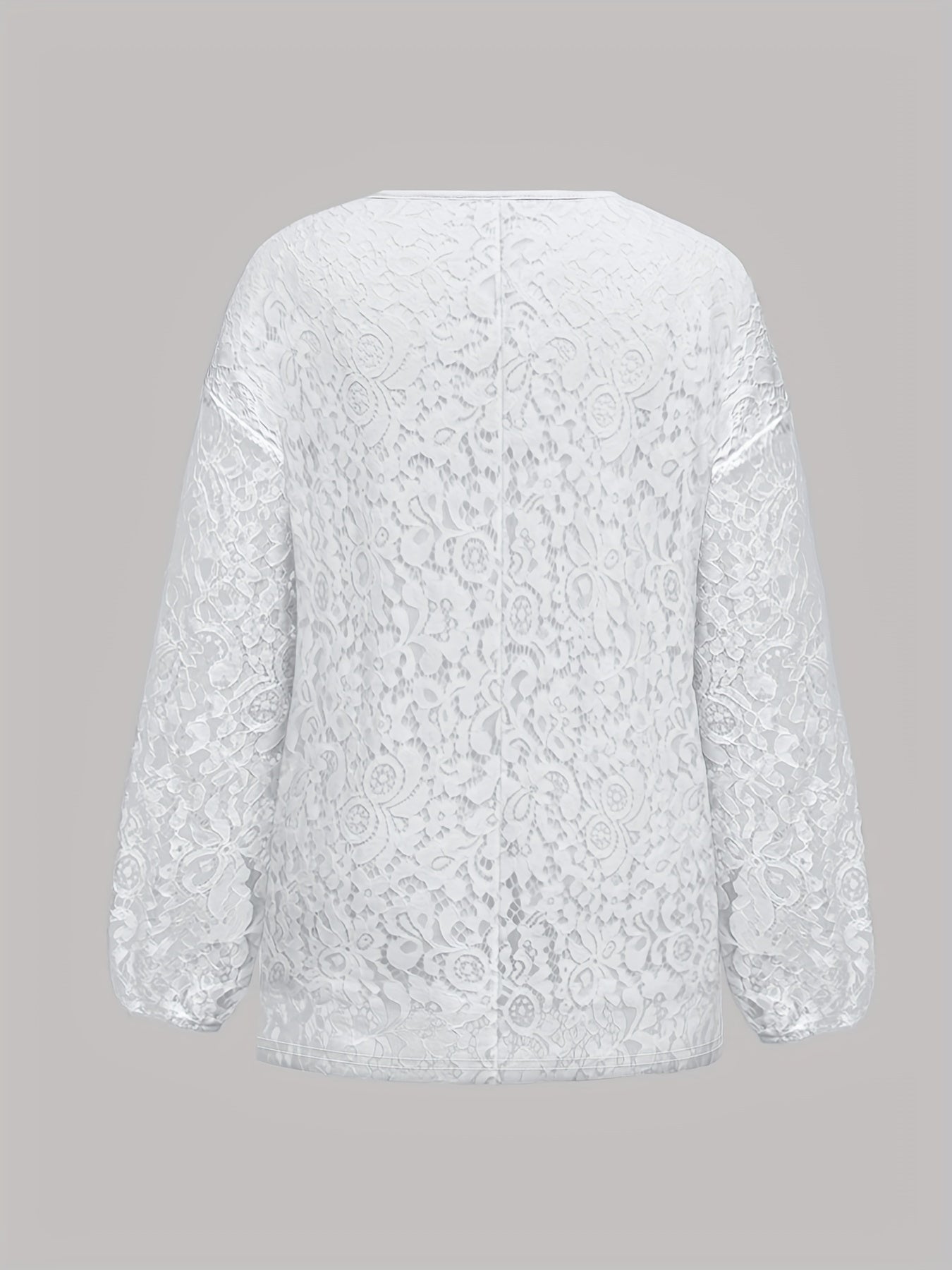Plus Size White Lace V-Neck Top with Long Sleeves Knit Blouse for Women