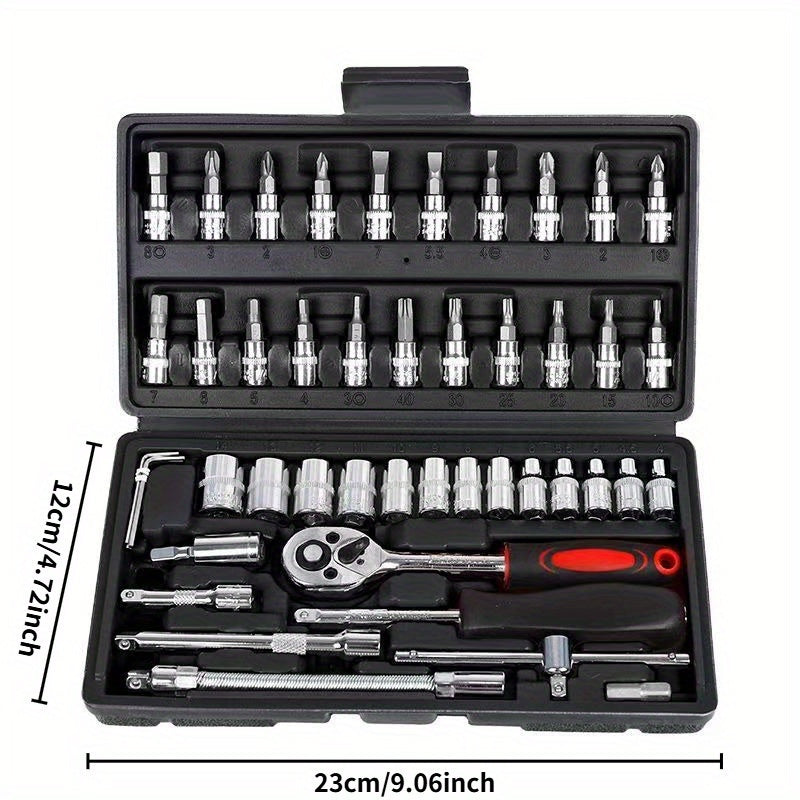 Professional Car Repair Tool Kit with Sockets and Ratchet Wrench in Black and Red