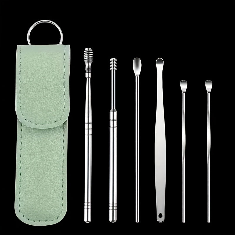 Stainless Steel Ear Cleaning Kit with Rotating Stick and Storage Bag for Home Travel