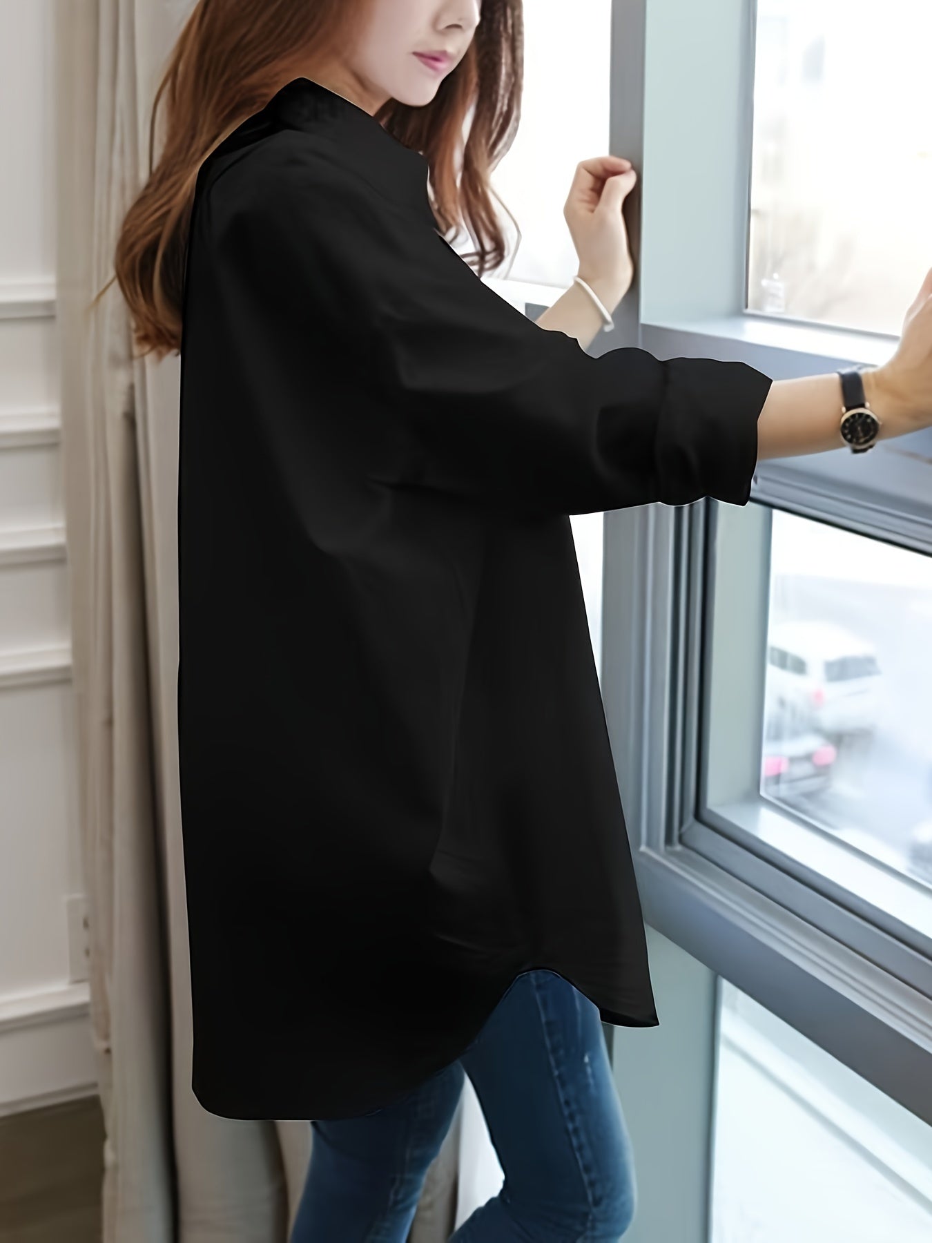 Women's Long Sleeve Blouse with Lapel Collar Button Detail Mermaid Hem Loose Fit for All Seasons