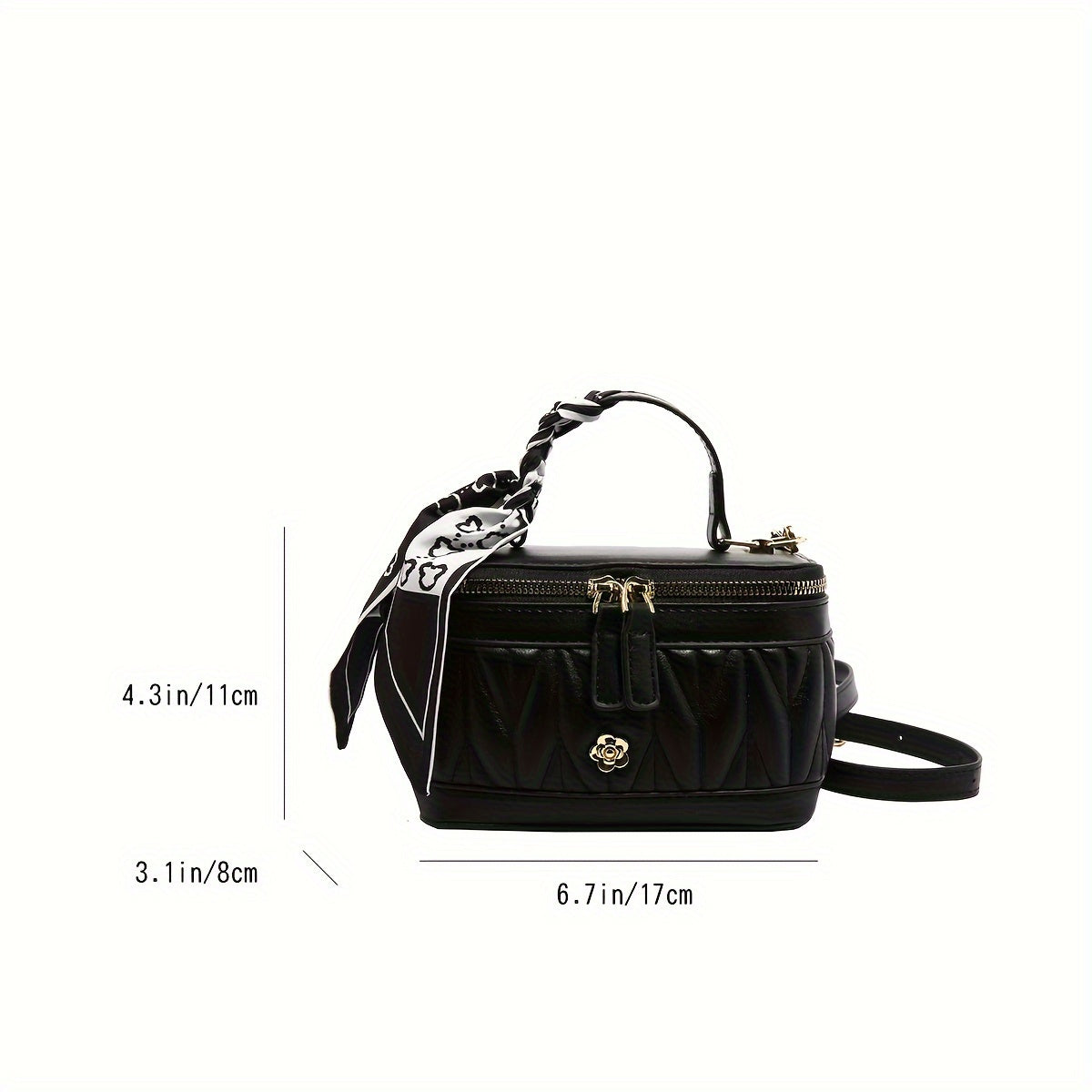 Quilted Box Handbag for Women with Contrast Crossbody Strap Black Coffee PU Embroidered Pattern