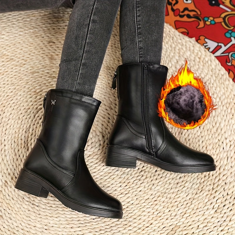 Женские черные кожаные сапоги с платформой до середины икры и застежкой-молнией