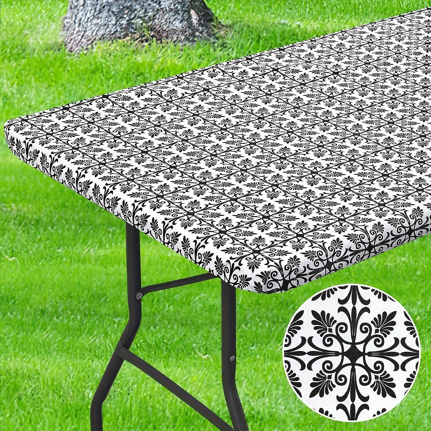 Baroque Style Waterproof Fitted Tablecloth with Elastic Flannel Backing for Outdoor Use