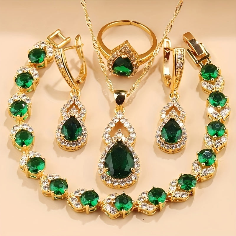 5-Piece Jewelry Set Teardrop Earrings Pendant Bracelet Ring Necklace Gold Plated Copper Gift for Her