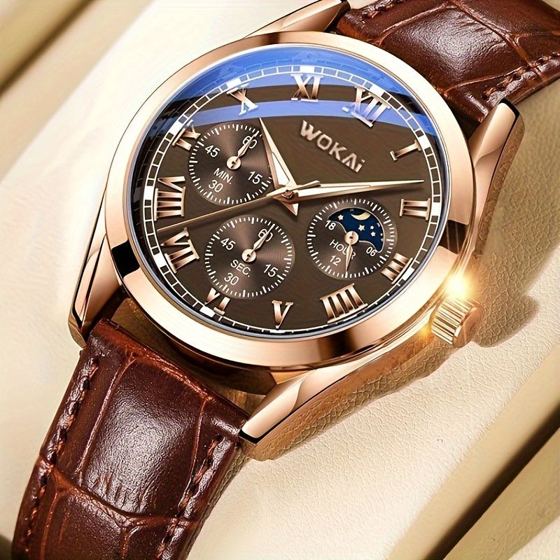 Men's Quartz Watch Faux Leather Strap Round Dial Business Wristwatch