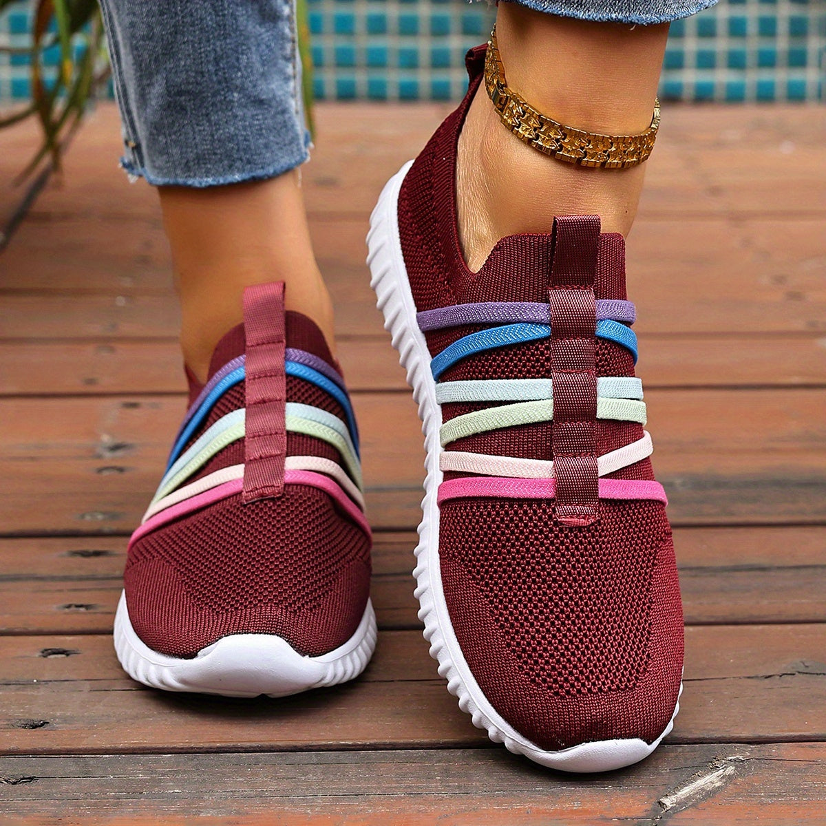 Women's Slip-On Casual Sneakers Breathable Fabric Pastel Stripes