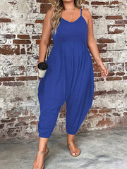 Women's Plus Size Green Sleeveless Jumpsuit with V-Neck and Wide Legs