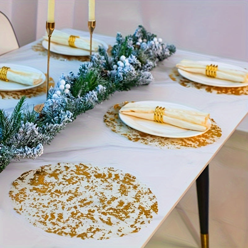 6pcs Gold Foil Round Polyester Placemats 33cm for Christmas and Special Occasions