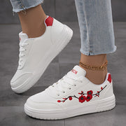 Women’s White Pink Embroidered Floral Casual Sneakers Low-Top Lace-Up Shoes