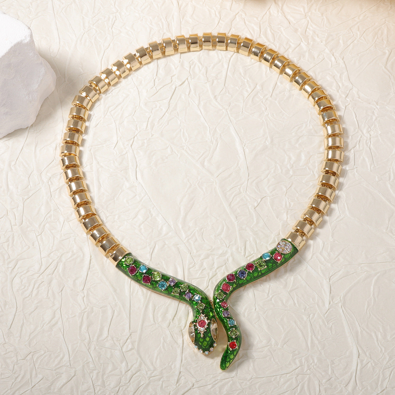 Boho Green Snake Pendant Necklace with Colorful Zirconia Alloy Chain