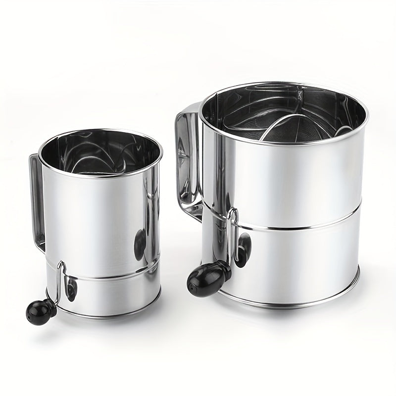 Stainless Steel Hand-Crank Flour Sifter 8-Cup Capacity Baking Cooking