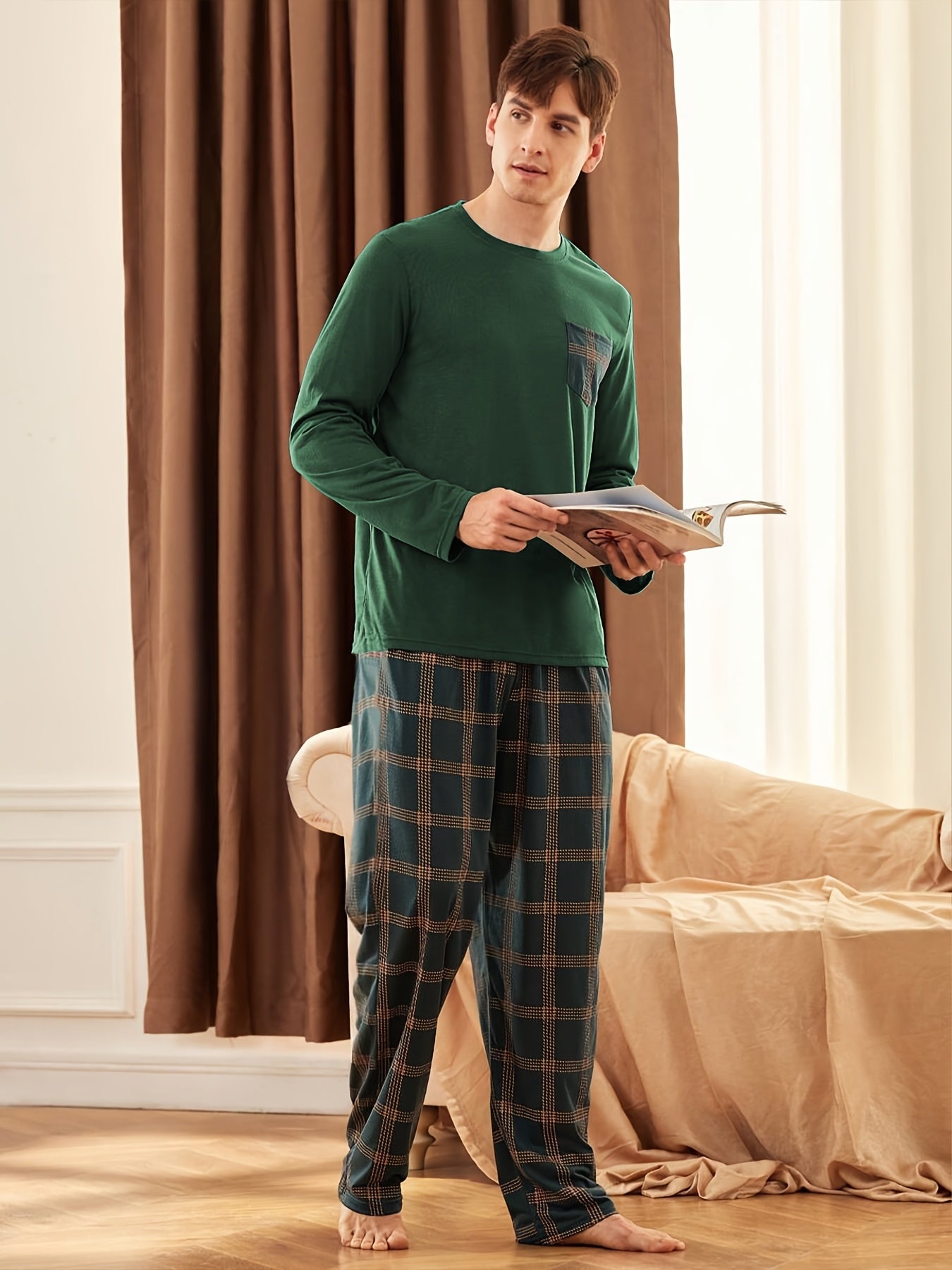 Men's Dark Green Long Sleeve Pajama Set with Plaid Trousers