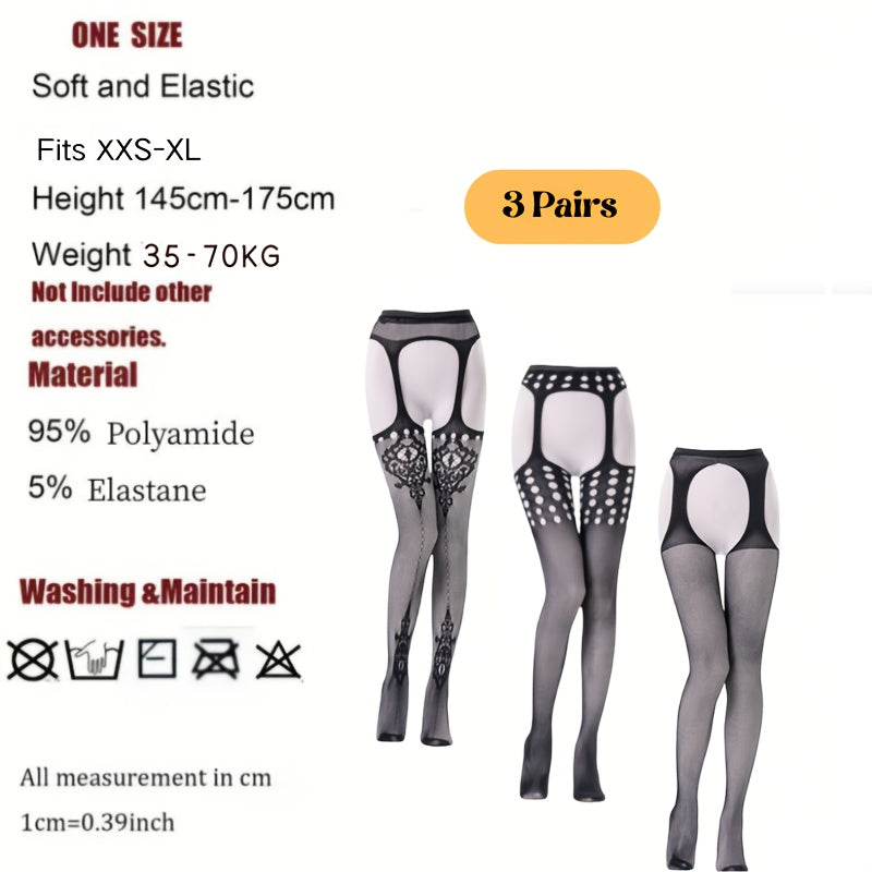 Women High Waist Suspenders Black Lace Polka Dot Stretchy Semi-Sheer 3 Pairs