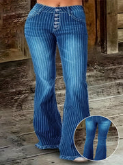 Women's Plus Size High-Waisted Flared Pants Blue White Striped Wide-Leg Trousers