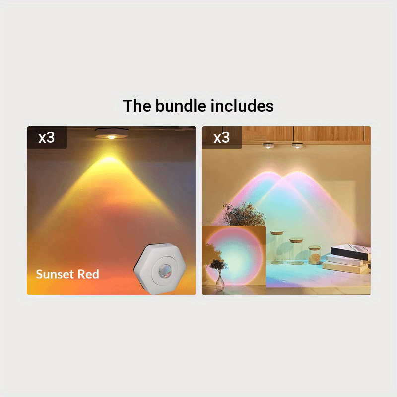 White Hexagonal Sunset Red LED Projection Lamp Dimmable Battery Powered for Cabinet Wall Lighting