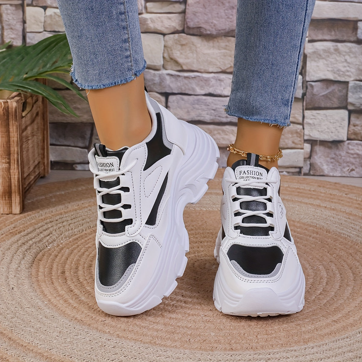 Women's Chunky Sneakers with Wedge Heel Casual Lace-Up Low Top Rubber Sole
