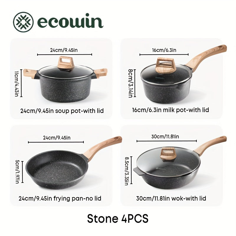 Non-Stick Cookware Set 4-Piece Maifan Stone Coating Frying Pan Wok Pots
