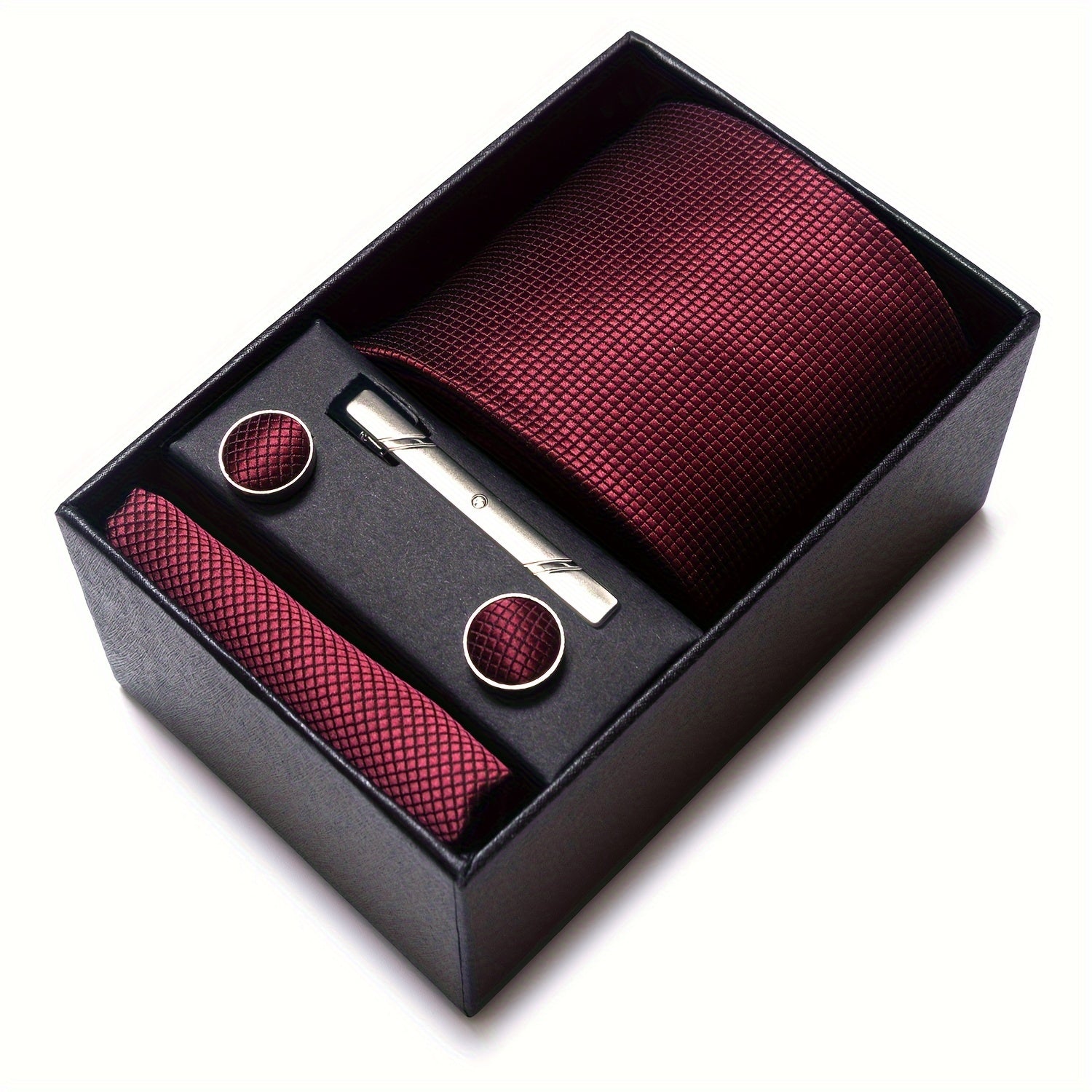 Men's Solid Color Tie Set with Square Cufflinks Gift Box for Wedding Business and Holiday