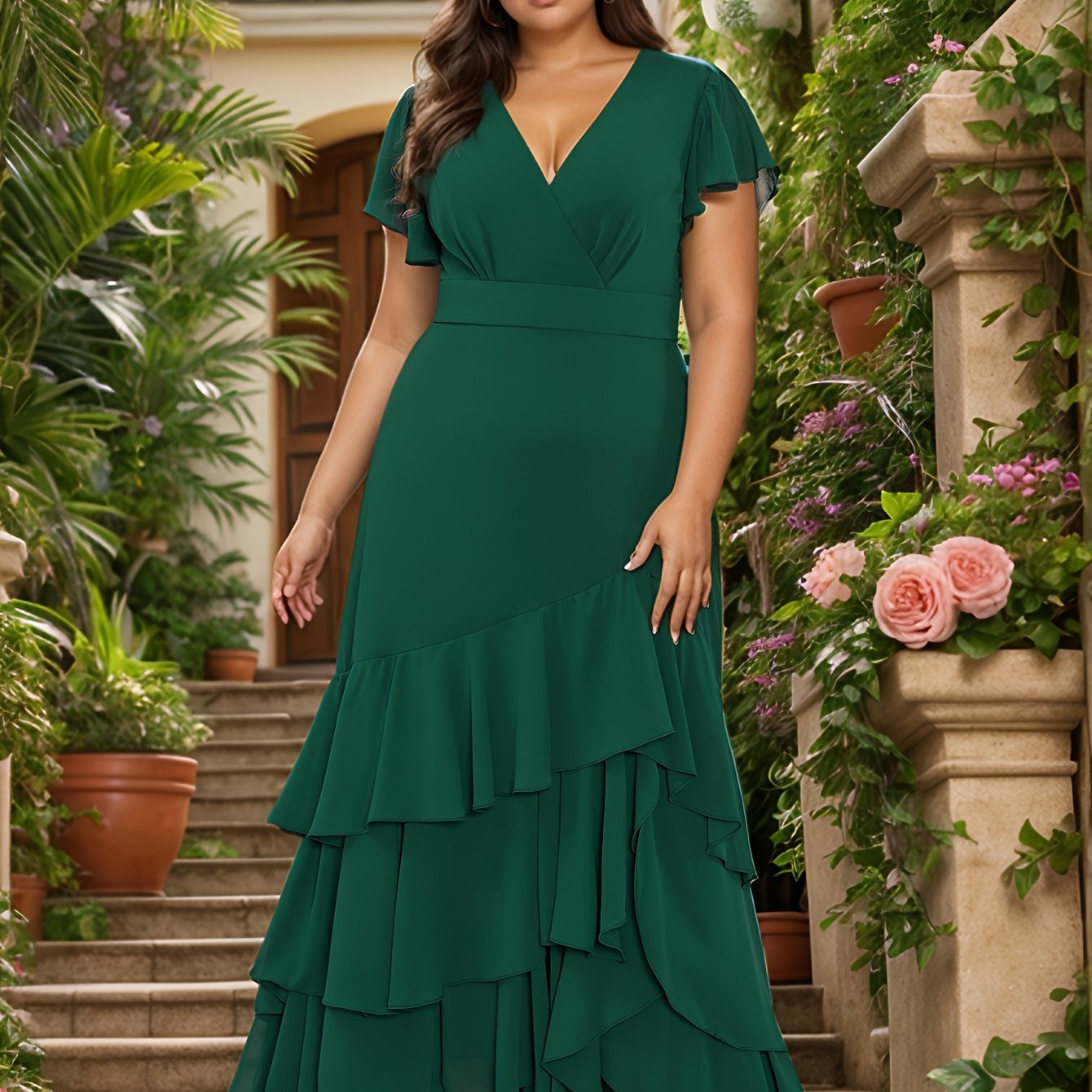 Vestido de talla grande con volante en el dobladillo, línea larga, manga flutter, para fiesta y glamour