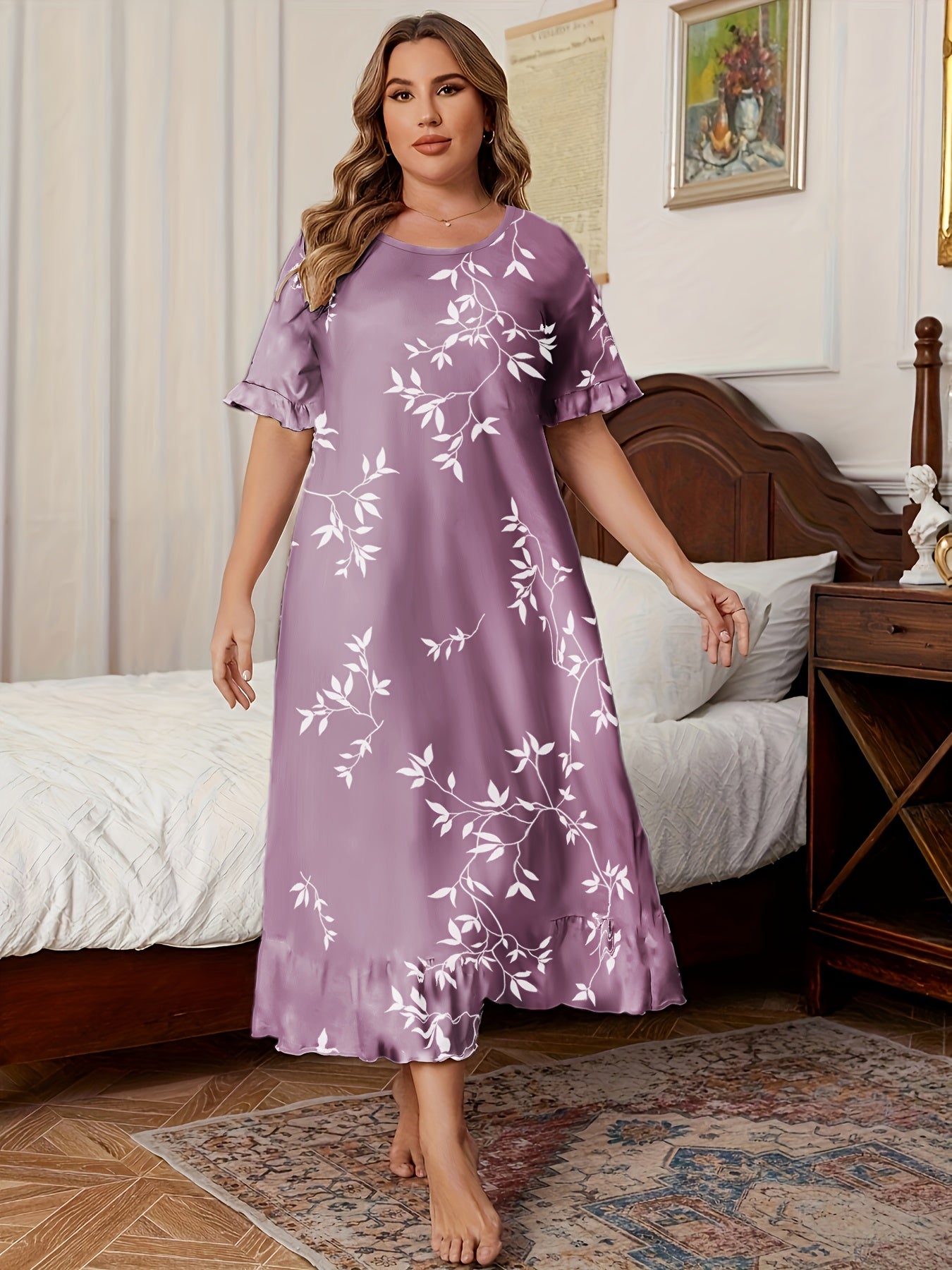Plus Size Women's Floral Print Long Sleeve Sleep Dress with Pockets