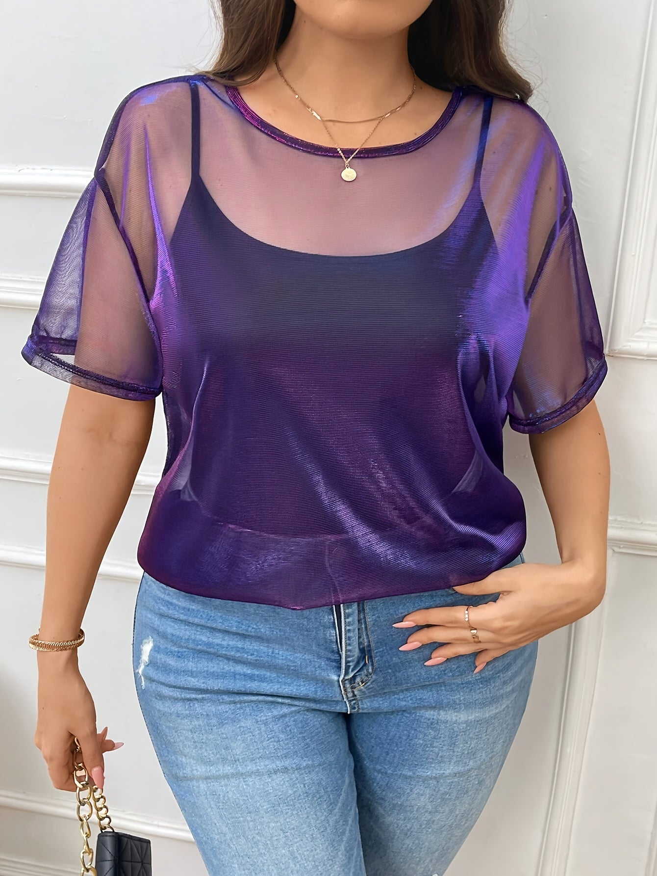 Women’s Crew Neck Short Sleeve Half Transparent Pullover Top Loose Plus Size Spring Summer