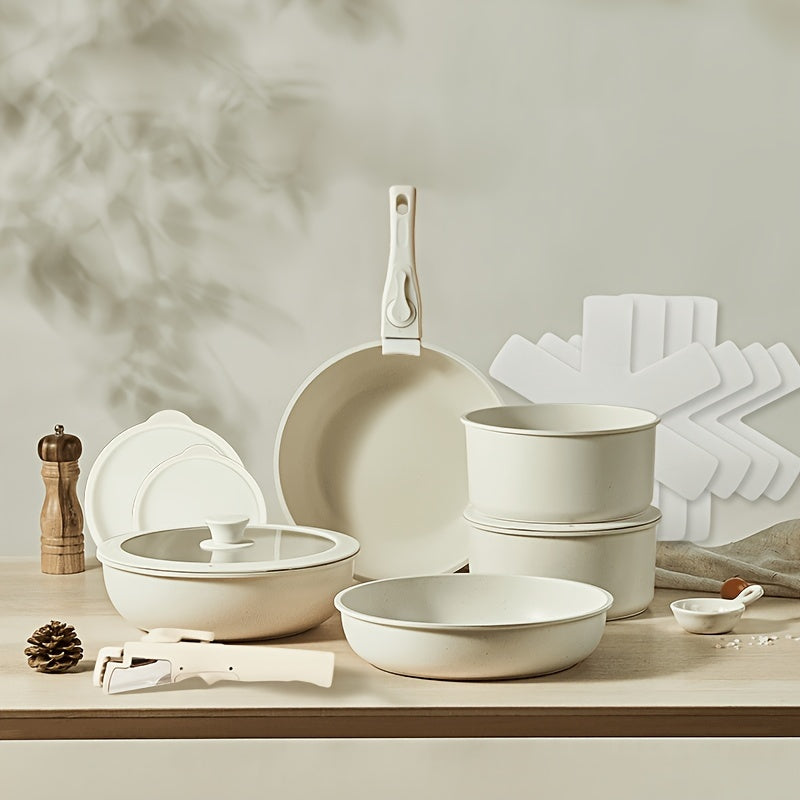 15 ta alyuminiy idish-to'plam, ajratiladigan tutqichlar bilan, uy oshxonasi uchun ideal; Qovurish panasi, sosli panasi va qovurish panasi kiradi.