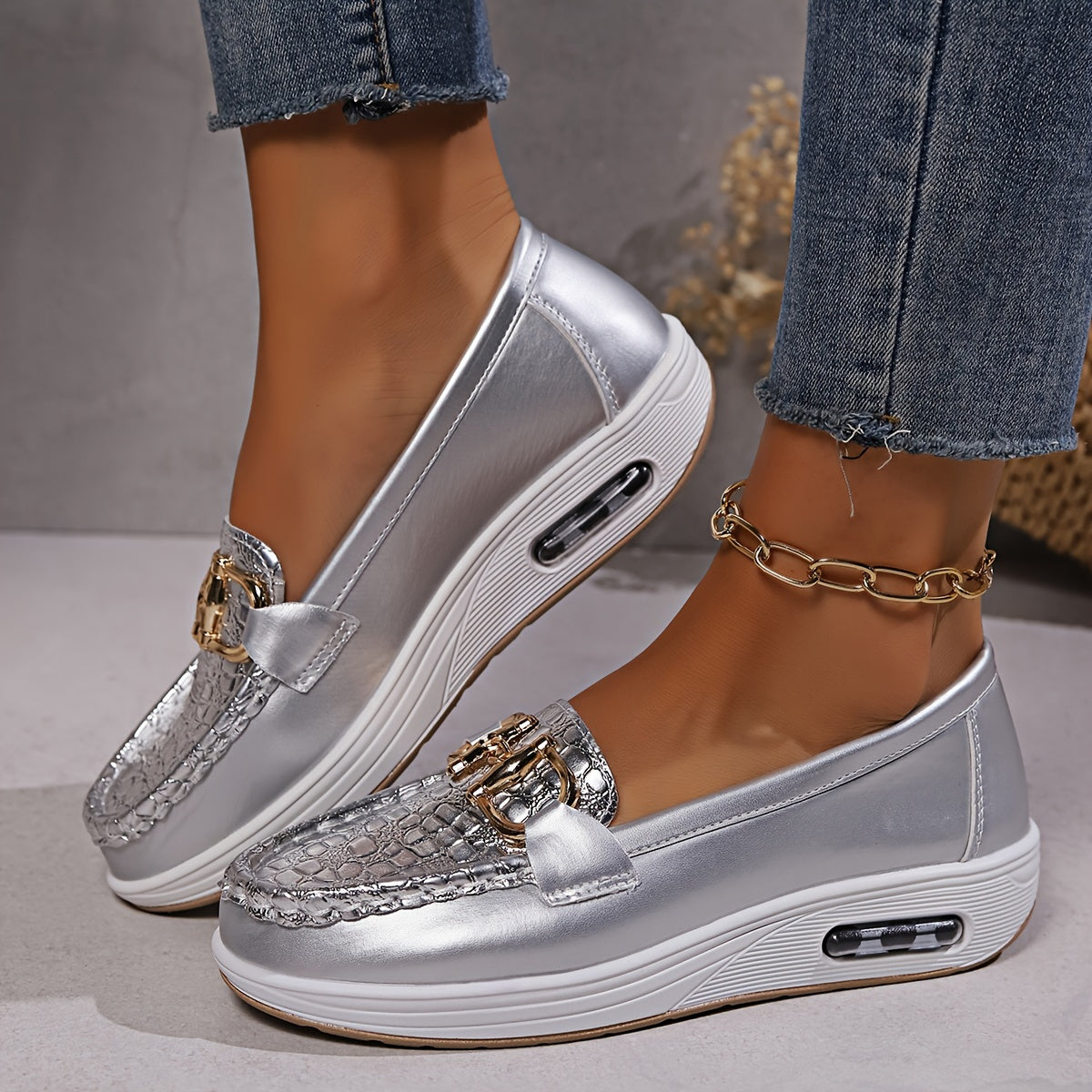 Women Glitter Loafers Leather Casual Sneakers Metallic Silver Gold Black