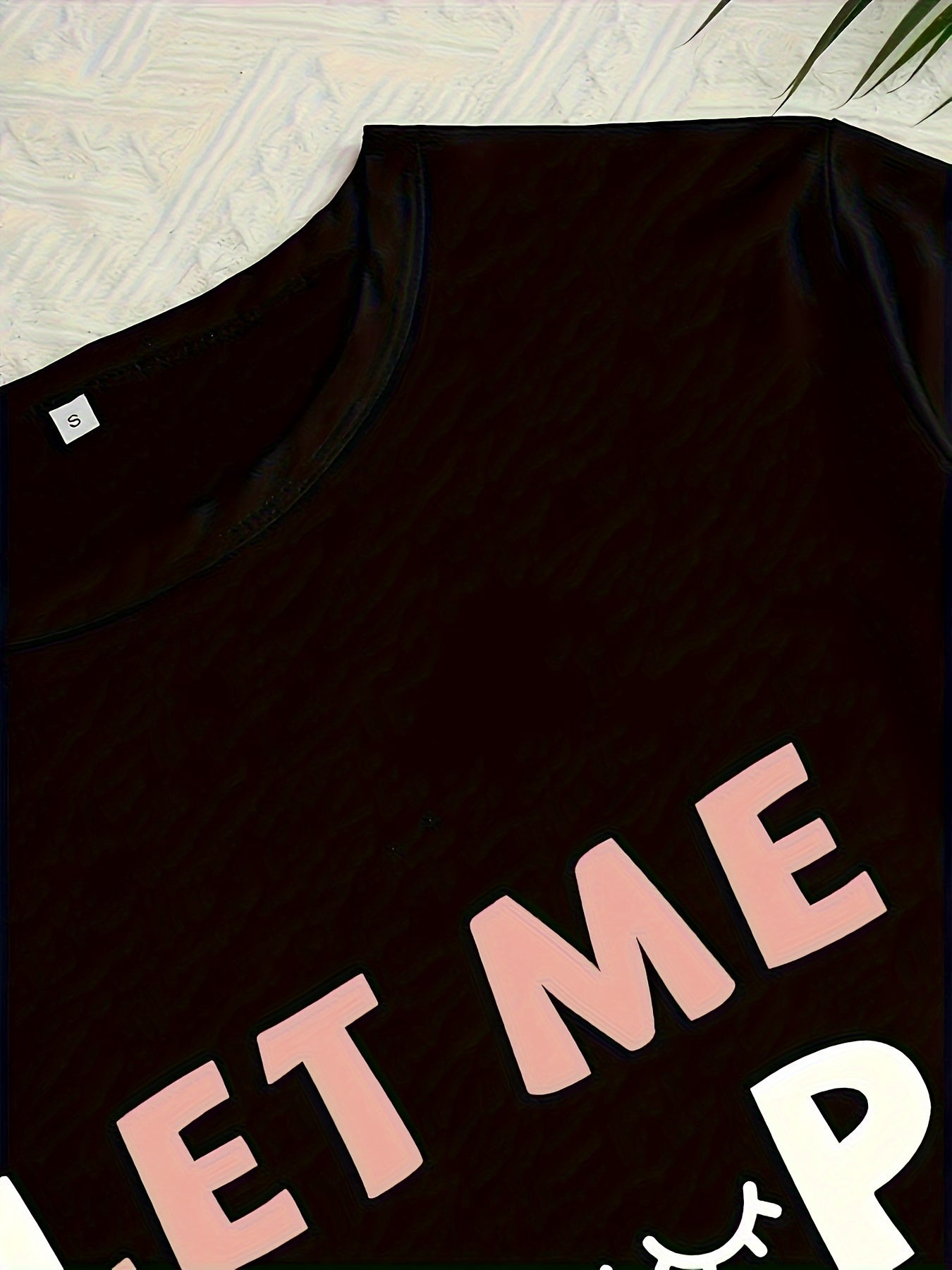 Conjunto de ropa de dormir para mujer con estampado de letras negras, cuello redondo, detalles de lazo en poliéster, para todas las estaciones