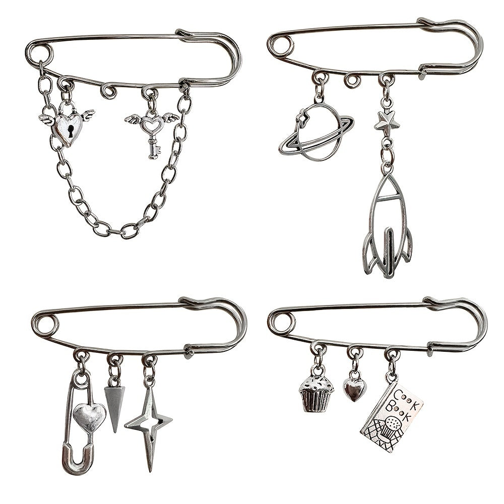 Набор из 4 брошей из сплава с мультяшным дизайном для женщин, сердце, крылья, торт, ракета, модные аксессуары