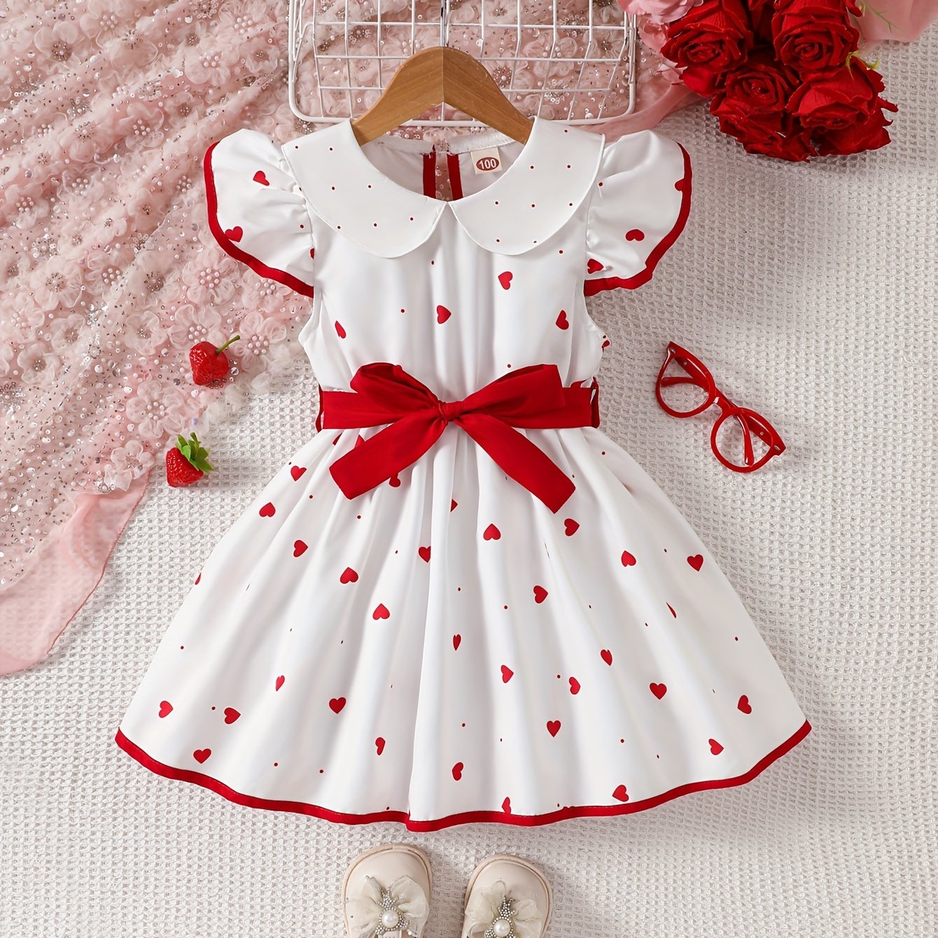 Girls' Summer Dress with Strawberry Print Ruffle Hem Polyester Belt for Children