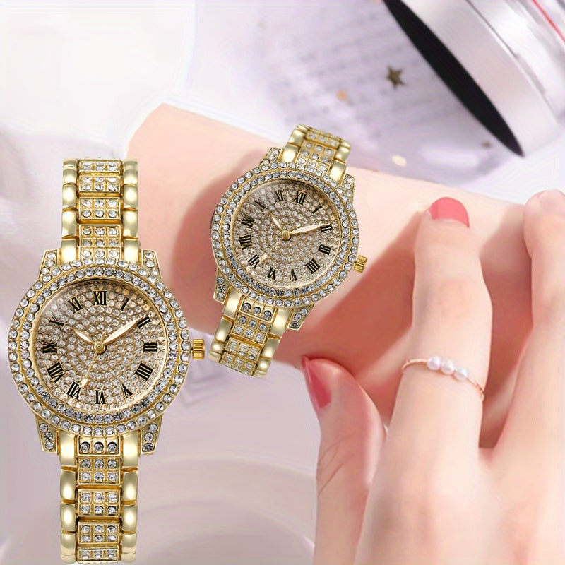 Reloj de cuarzo con esfera estrellada elegante y piedras de rhinestone para mujer