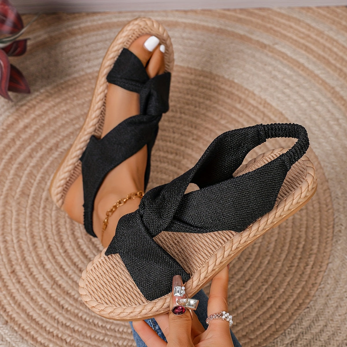 Women's Flat Strappy Sandals Breathable Fabric Cushioned Insole