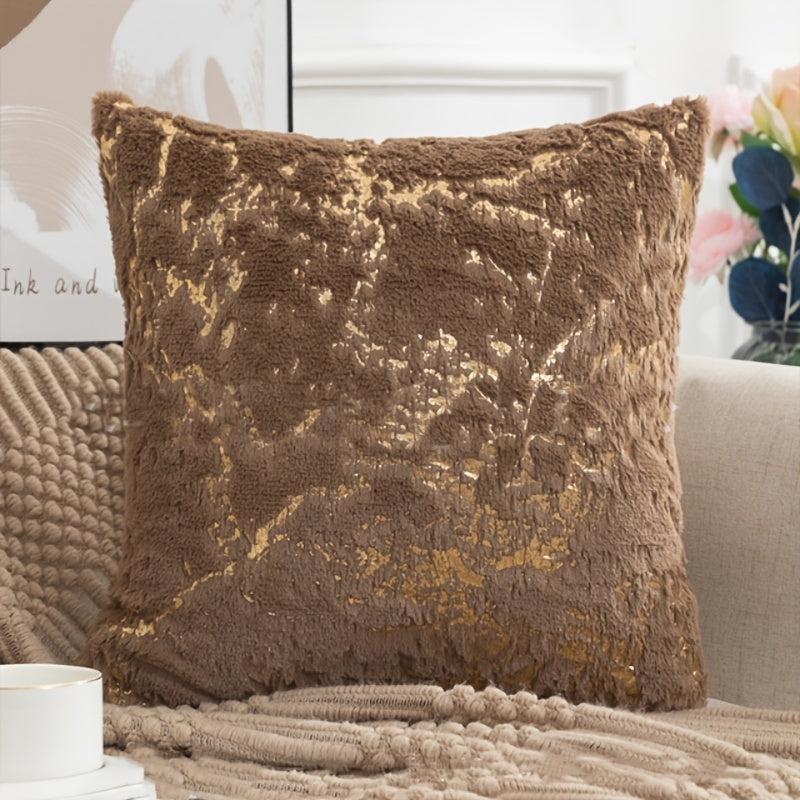 White and Gold Plush Fur Cushion Covers 17x17 Inches Decorative Throw Pillow Cases with Zipper