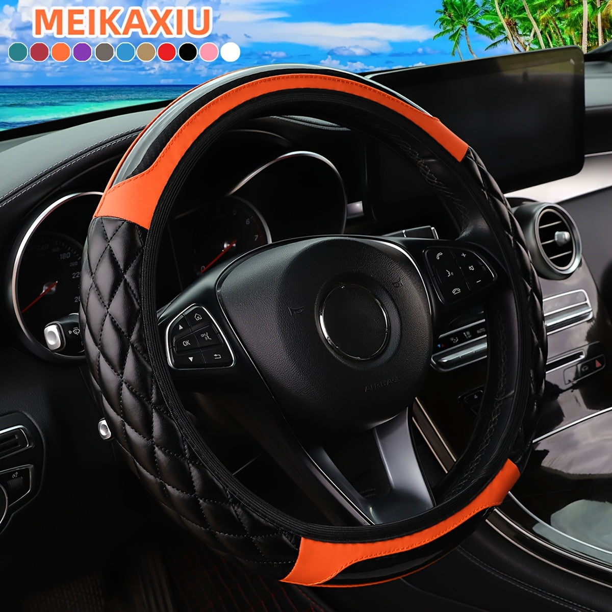 3D Embroidered Crystal Carbon Fiber Faux Leather Steering Wheel Cover Universal Fit 36.83-38.1 cm for Cars in 5 Colors