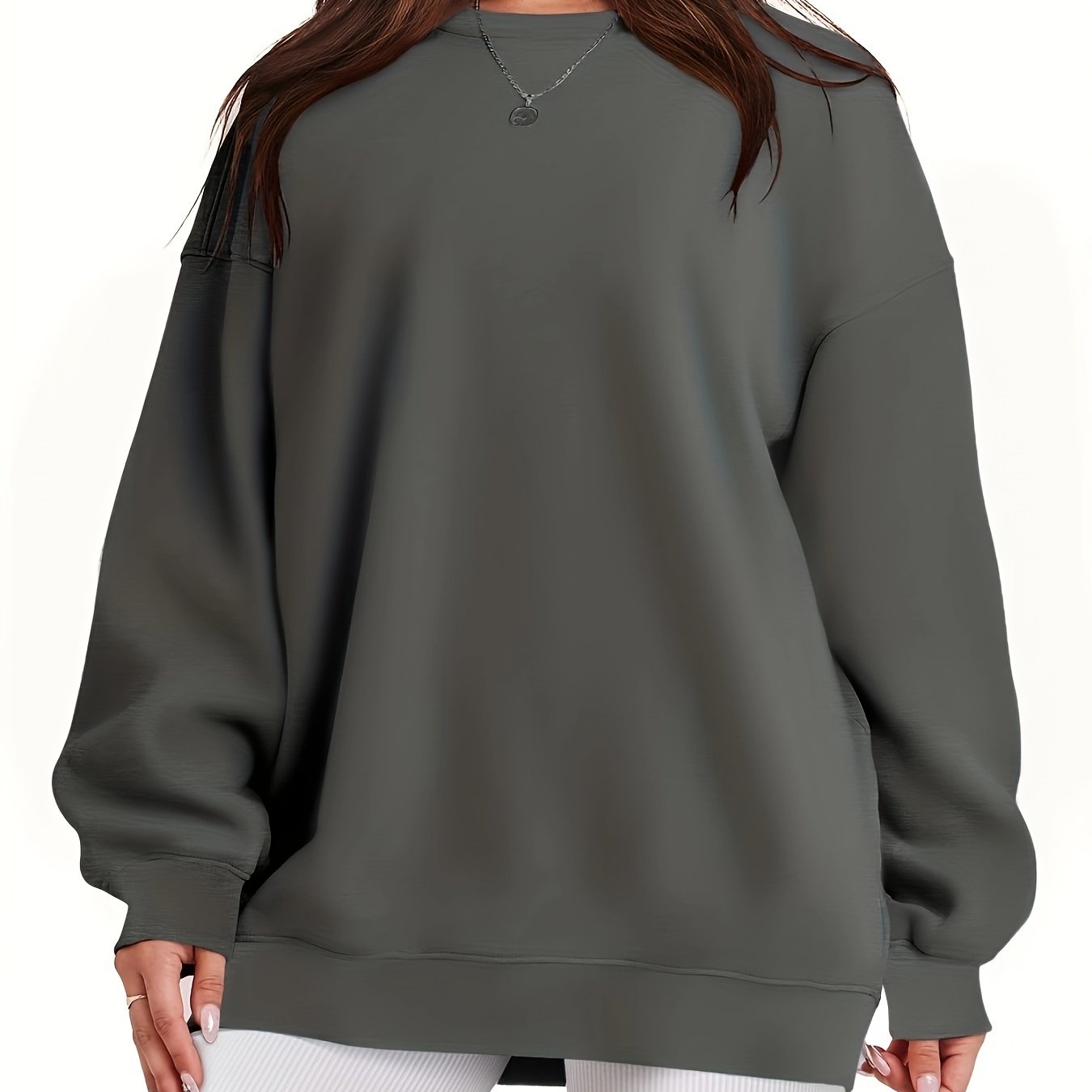 Women's Loose Cotton Long Sleeve Hoodie Round Neck Solid Color Pullover