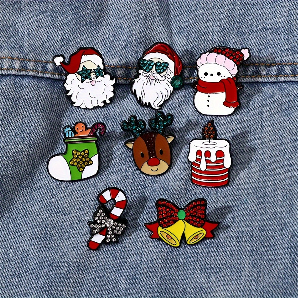 Set of 8 Cartoon Christmas Enamel Brooches Holiday Holiday Lapel Pins Jewelry Accessories