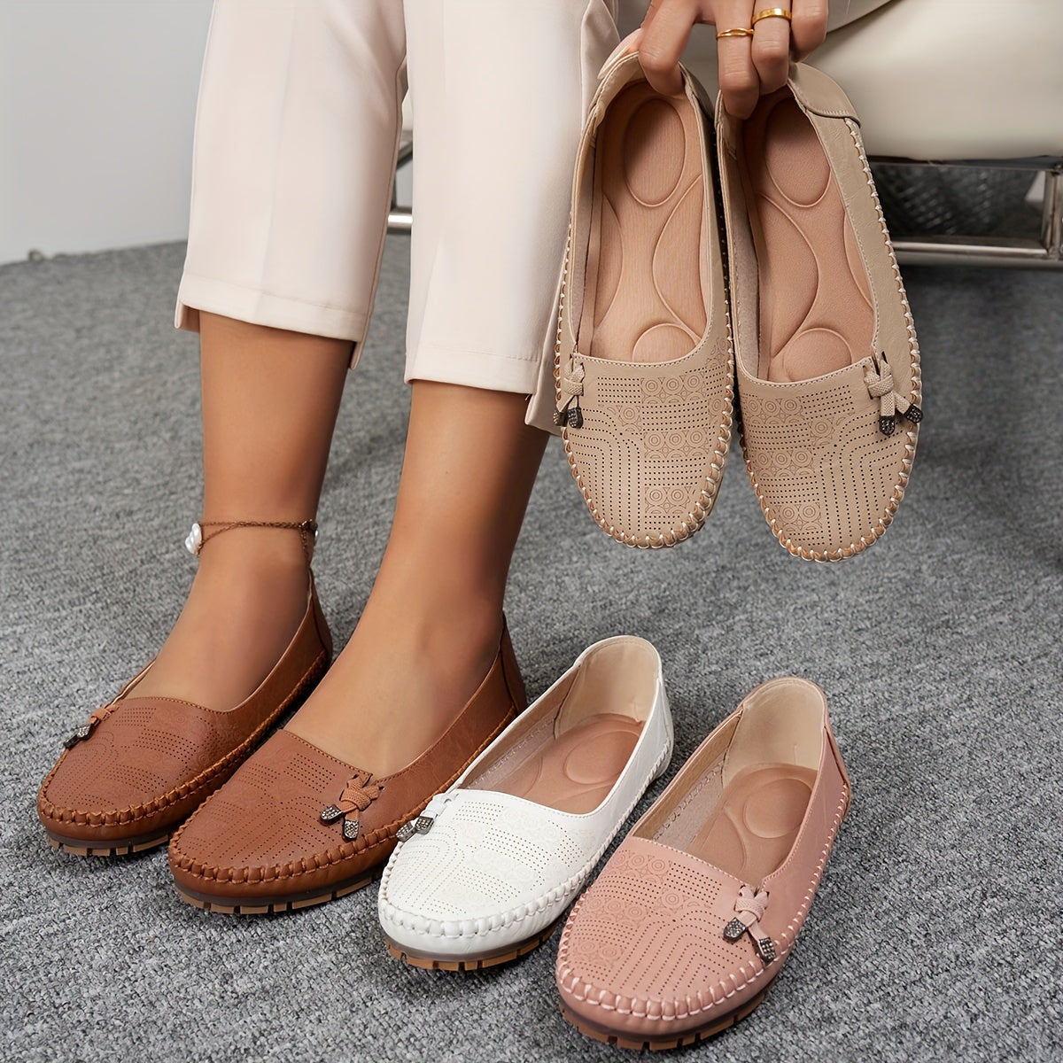 Women's Slip-On Ballet Flats with Bow Soft PU Upper Cushioned Sole