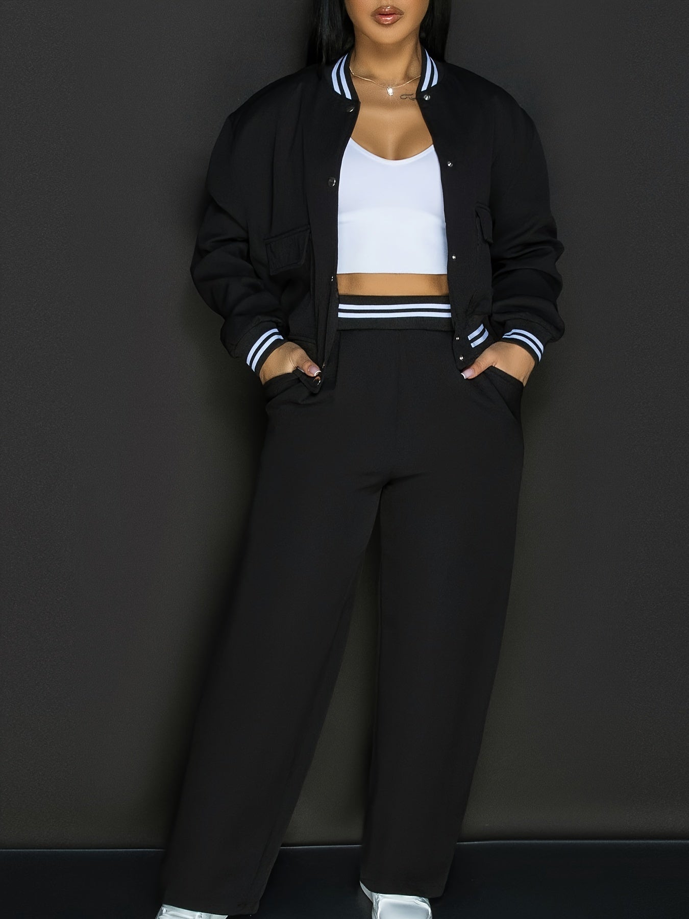 Conjunto de dos piezas para mujer, top corto y chaqueta bomber, pantalones rectos con bolsillos, poliéster elastano, vacaciones, primavera y otoño