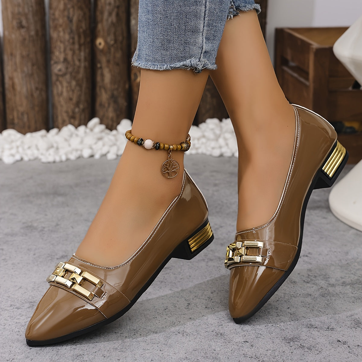 Women's White Pointed Toe Slip-On Loafers with Buckle Embroidery