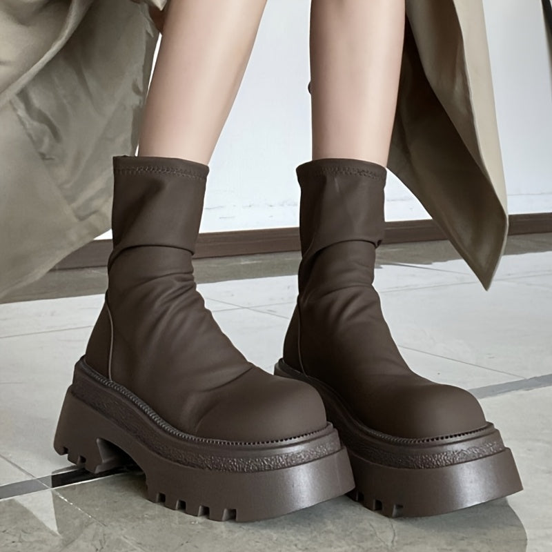 Women's Chunky Platform Ankle Boots Black Slip-Resistant PU Synthetic Closure