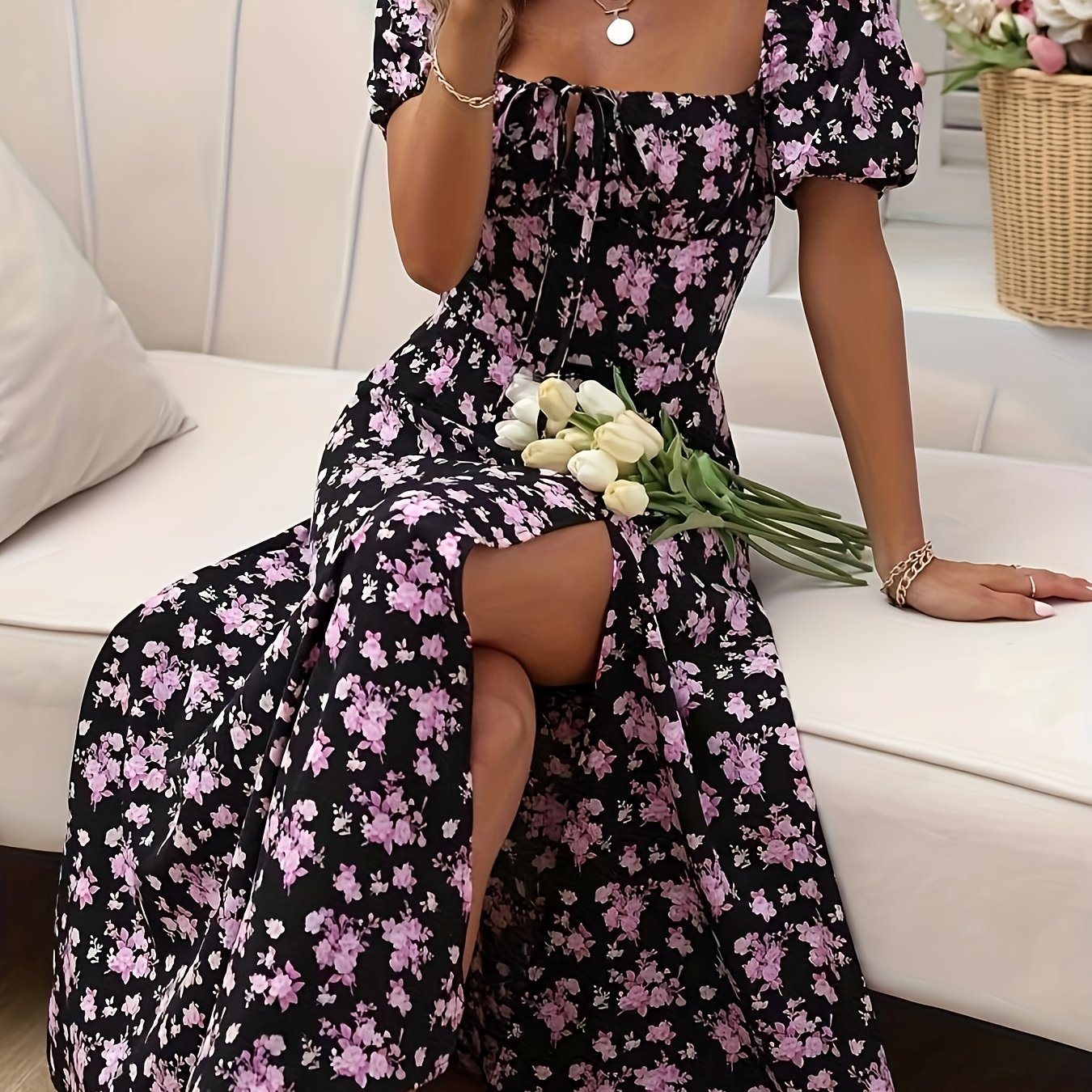 Women's Floral Print Puff Sleeve Dress with Split Hem for Summer