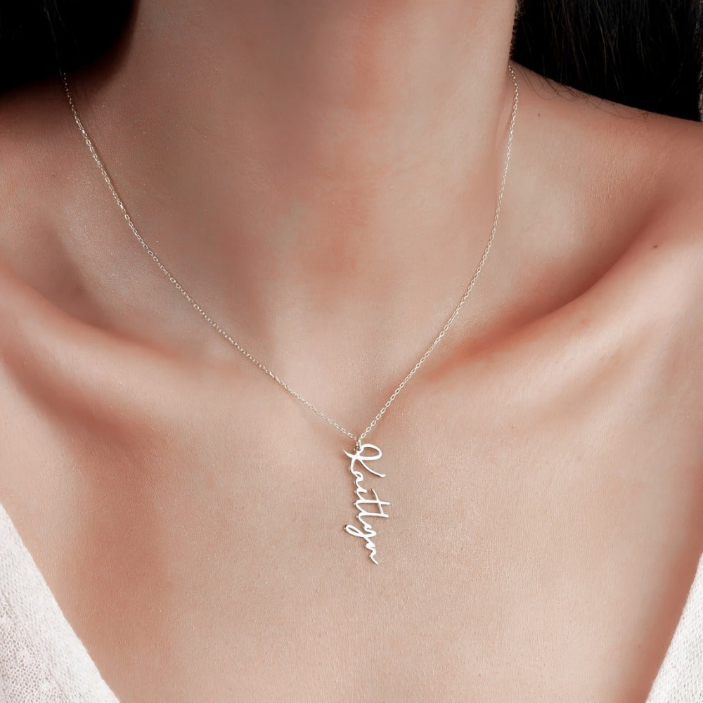 Personalized Stainless Steel Name Necklace Vertical Pendant Cursive Script for Women