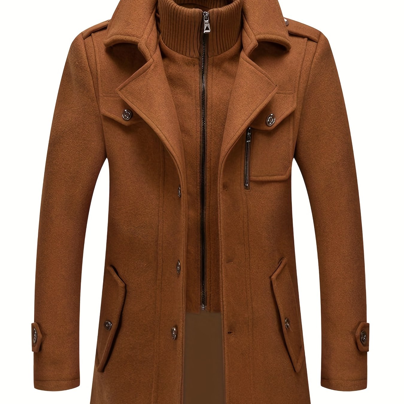 Plus Size Men's Double Collar Wool-Polyester Jacket with Faux Pockets for Fall Winter