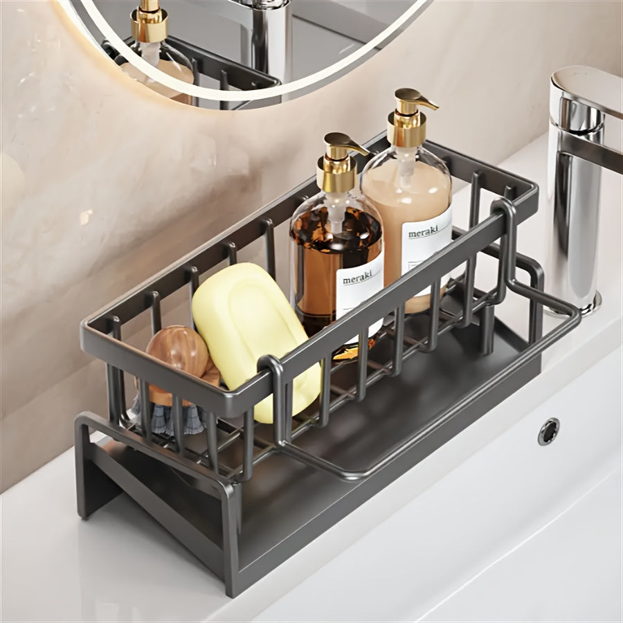 "Countertop uchun ikki funktsiyali idish to'plami va gubka ushlagich, oshxona va hammom uchun qulay saqlash yechimi, idish to'plari va gubkalar uchun bitta qatlamli tokcha, oshxona aksessuarlarini tartibga solish uchun ideal"