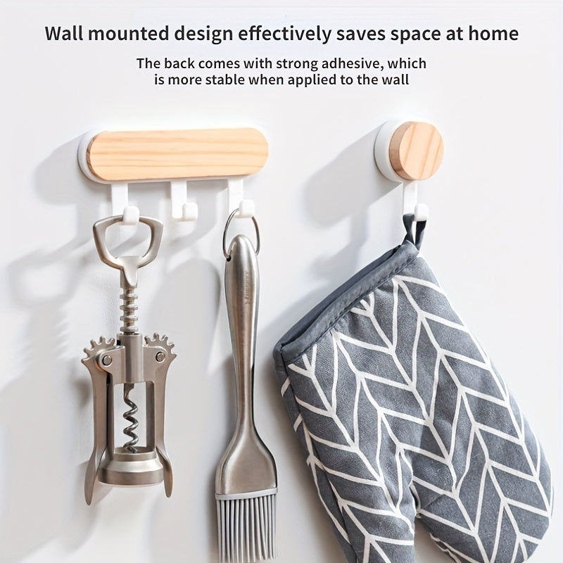 Ganchos de pared de madera de pino sin taladro, ahorra espacio para la cocina y el almacenamiento de ropa
