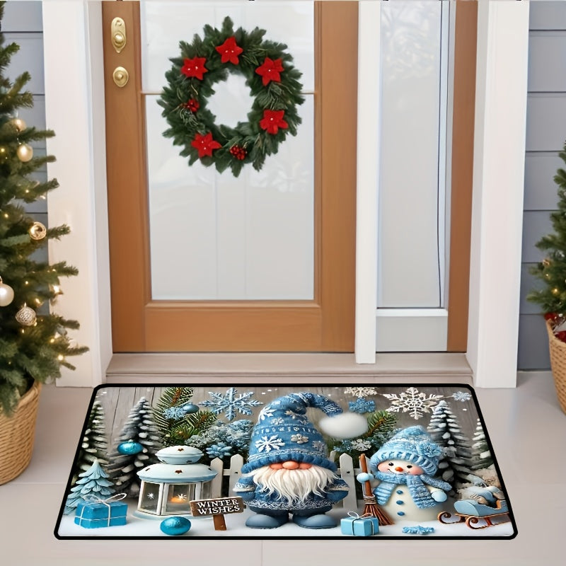 Alfombra de puerta de terciopelo de cristal con gnomo de Navidad azul para decoración de invierno en el hogar