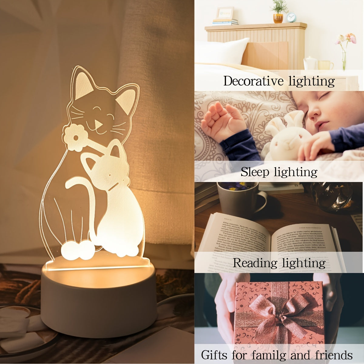 Monochrome 3D Cat Night Light USB Powered Bedroom Bedside Decor Gift