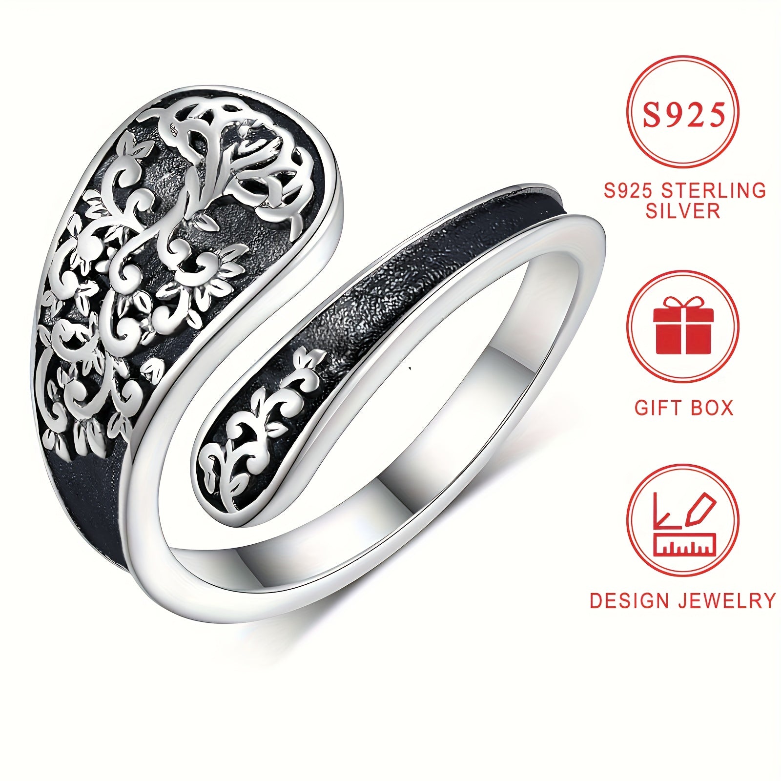 Sterling Silver Tree of Life Band Ring for Women Bohemian 3D Texture Gift Box